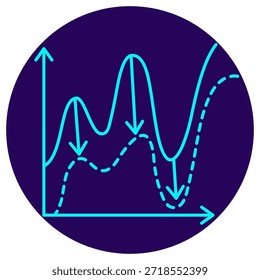 Symbol für Modelldrifterkennung. Minimalistische Neonkontur auf dunkelblauem, rundem Hintergrund. Eine stilvolle Vektorgrafik von zwei divergierenden Verlustfunktionskurven (durchgehend und gestrichelt), mit nach unten gerichteten Pfeilen, die die Diskrepanz hervorheben und die Modellüberwachung, Leistungsminderung und Datenverschiebungsanalyse in MLOps symbolisieren