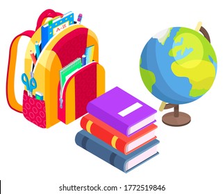 Model of Earth planet vector, globe and satchel with supplies for geography lesson back to school concept. Isometric cartoon of backpack with textbooks and notebooks, geographical studies set