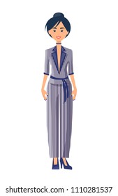 Model in elegance suit, color vector illustration, striped pattern on fashionable female costume, vogue belt, heeled shoes, clothing set, cute choker.