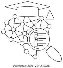 Model evaluation icon. Vector pictogram with thin black lines on transparent background. Editable stroke. Represents AI model assessment with neural network and checklist elements