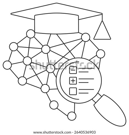Model evaluation icon. Vector pictogram with thin black lines on transparent background. Editable stroke. Represents AI model assessment with neural network and checklist elements