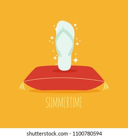 model fashion concept card. shoe isolated funny silver flip flops flat design cartoon. summertime vector. creative sandal, slippers in summer. have fun in holiday or vacation. enjoy weekend in beach.