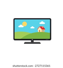 A model of a flat-screen LCD, plasma, HD TV screen; a blank white screen, a modern flat-screen black video screen, separated from a white background. The screen displays a landscape with houses, the sky, and clouds.