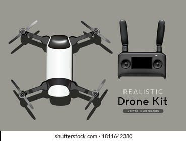 A model flight drone and controller set. top view, flat lay composition. Realistic vector illustration.