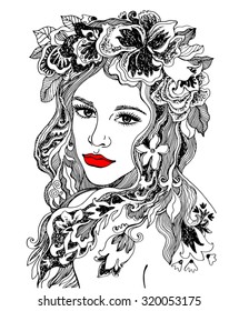Model with floral wreath. Graphic vector illustration.