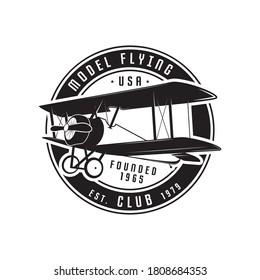 Model flying club emblem logo template. Vintage silhouette label with retro biplane. Stock vector isolated