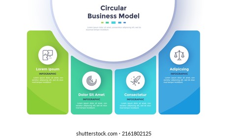 Model with four rectangular elements placed around main circle. Concept of 4 features of business product. Minimal infographic design template. Modern flat vector illustration for analytical report.