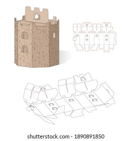 Model Gift Box Of Tower, Castle, House For Sweets, Baked Goods, Surprises. Paper Knight's Fortress Laser Cutting Template. Die Cut Retail Packaging.
Practical Vector Illustration On White Background.