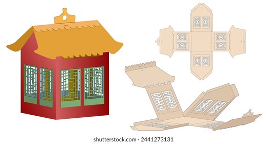 Model Gift Box of Tower, Castle, House for Sweets, Pagoda Chinese House, Surprises. Paper Laser Cutting Template. Die Cut Retail Packaging. No Glue Needed.