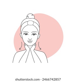 Model girl making massage of skin neck in direction of downward arrows line icon vector illustration