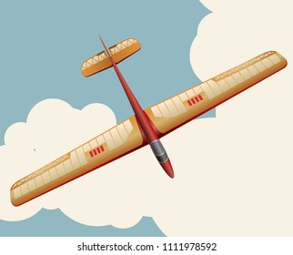 Model glider flying over sky with clouds in vintage color stylization. Old retro subtle airplane designed for poster printing. Balsa wood wings, model hobby. Master vector illustration