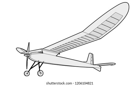 Model glider, ground plan. Beautiful subtle airplane. Balsa wood wings, model hobby. Outlined master vector wire illustration