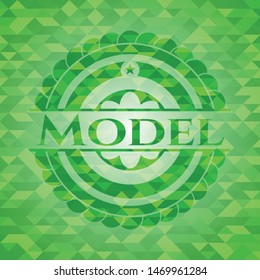 Model green emblem with triangle mosaic background. Vector Illustration. Detailed.