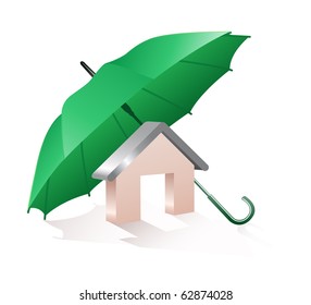 Model home and a green umbrella on a white background.