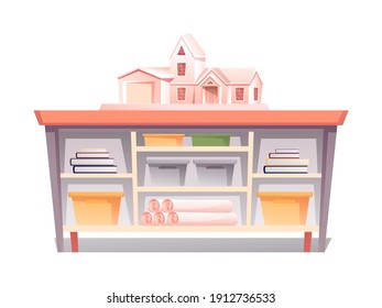Model of house on table in design office. Modern business workplace elements vector illustration. Room for creative work with table full of boxes, books, paper rolls, building on top.