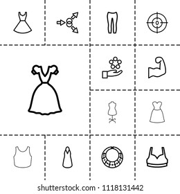 Model icon. collection of 13 model outline icons such as sport bra, dress, woman pants, atom move, atom in hand, dna, muscular arm. editable model icons for web and mobile.