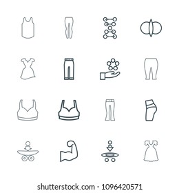 Model icon. collection of 16 model outline icons such as sport bra, woman pants, booty fitness, atom fusion, dna, atom, atom in hand. editable model icons for web and mobile.