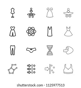 Model icon. collection of 16 model outline icons such as mannequin, female underwear, singlet, woman pants, dress, atom, atom move. editable model icons for web and mobile.