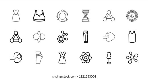 Model icon. collection of 18 model outline icons such as connection, mannequin, sport bra, singlet, woman pants, dress, atom, core. editable model icons for web and mobile.