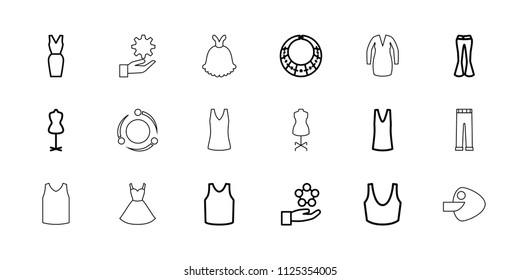 Model icon. collection of 18 model outline icons such as mannequin, sport bra, singlet, woman pants, dress, atom in hand, necklace. editable model icons for web and mobile.