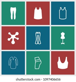 Model icon. collection of 9 model filled and outline icons such as mannequin, sport bra, singlet, woman pants, atom, booty fitness. editable model icons for web and mobile.