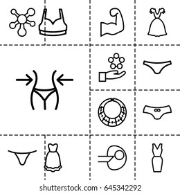 Model icon. set of 13 outline modelicons such as slim, female underwear, sport bra, dress, atom, muscular arm, necklace, core