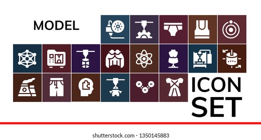model icon set. 19 filled model icons.  Collection Of - 3d printing, Modeling, Nuclear, Pants, Head, 3d printer, Molecule, Dress, Wig, Atom, Mannequin, 3d modeling, Underwear