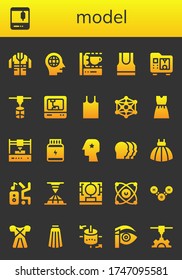model icon set. 26 filled model icons. Included Jacket, 3d printer, Head, 3d printing scanner, Tank top, Modeling, Dress, Protein, Heads, Dancer, Molecules, Molecule, Skirt icons