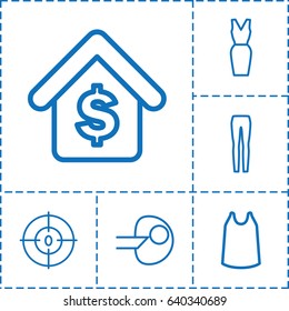 Model icon. set of 6 model outline icons such as singlet, woman pants, dress, dna, buying a house