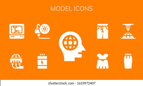 model icon set. 9 filled model icons.  Simple modern icons such as: Head, Proteins, 3d printing, 3d printer, Skirt, Dress, Pants