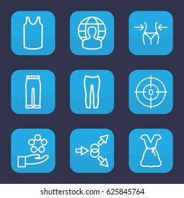 Model icon. set of 9 outline model icons such as slim, singlet, woman pants, dress, dna, user globe, atom move