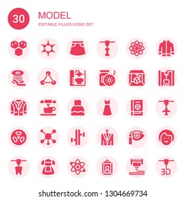 model icon set. Collection of 30 filled model icons included Molecule, Molecules, Skirt, d printer, Atom, Filament, Jacket, d printing, Dress, Nuclear, Tonfa, Eye shadow, Dancer