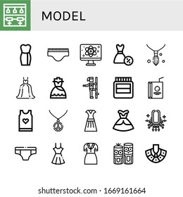 model icon set. Collection of Bar stool, Dress, Underwear, Quantum, Necklace, Wedding dress, Pole dance, Hormones, Juice box, Tank top, Model craft icons