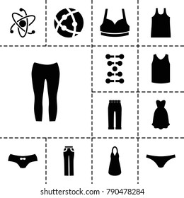Model icons. set of 13 editable filled model icons such as female underwear, sport bra, dress, woman pants, dna, atom