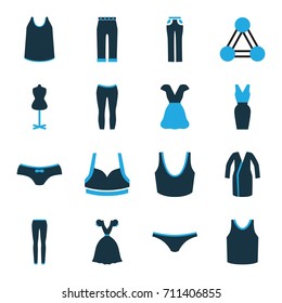 Model icons set. set of 16 model bi-color icons such as connection, mannequin, female underwear, sport bra, singlet, dress