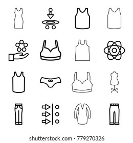 Model icons. set of 16 editable outline model icons such as female underwear, sport bra, singlet, woman pants, atom, atom move, atom in hand, mannequin