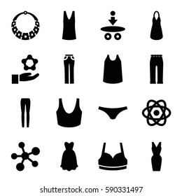 model icons set. Set of 16 model filled icons such as female underwear, sport bra, dress, singlet, woman pants, necklace, atom