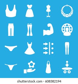 Model icons set. set of 16 model filled icons such as mannequin, female underwear, sport bra, dress, woman pants, muscular arm, user globe, necklace, atom move, atom