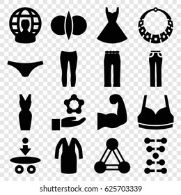 Model icons set. set of 16 model filled icons such as connection, female underwear, sport bra, dress, woman pants, muscular arm, user globe, necklace, atom fusion, dna, atom