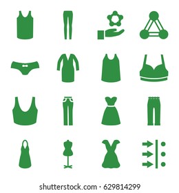 Model icons set. set of 16 model filled icons such as connection, mannequin, female underwear, sport bra, dress, singlet, woman pants, atom move