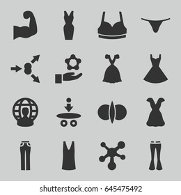 Model icons set. set of 16 model filled icons such as female underwear, sport bra, singlet, woman pants, dress, muscular arm, user globe, atom