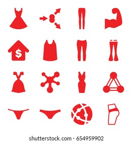 Model icons set. set of 16 model filled icons such as connection, female underwear, singlet, woman pants, dress, atom, buying a house, muscular arm, atom move