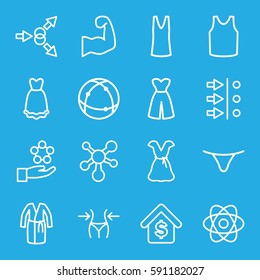 model icons set. Set of 16 model outline icons such as slim, female underwear, singlet, dress, atom, buying a house, muscular arm, atom move