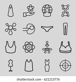 Model icons set. set of 16 model outline icons such as mannequin, female underwear, sport bra, dress, singlet, woman pants, dna, user globe, atom, core