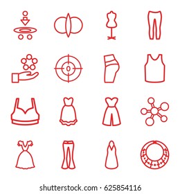 Model icons set. set of 16 model outline icons such as mannequin, sport bra, dress, singlet, woman pants, dna, necklace, atom fusion, atom, atom in hand