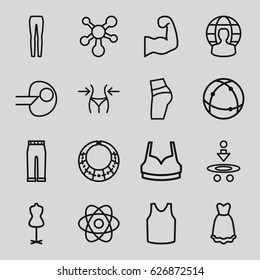 Model icons set. set of 16 model outline icons such as slim, mannequin, sport bra, singlet, woman pants, atom, dress, user globe, muscular arm, necklace, core