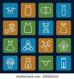 Model icons set. set of 16 model outline icons such as connection, slim, female underwear, singlet, dress, woman pants, buying a house, atom, atom fusion, dna