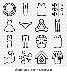 Model icons set. set of 16 model outline icons such as connection, female underwear, singlet, dress, woman pants, buying a house, user globe, muscular arm, necklace, atom move