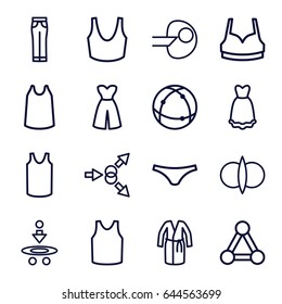 Model icons set. set of 16 model outline icons such as connection, female underwear, sport bra, singlet, dress, woman pants, atom, atom fusion, atom move