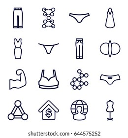 Model icons set. set of 16 model outline icons such as connection, mannequin, female underwear, sport bra, dress, woman pants, buying a house, user globe, muscular arm